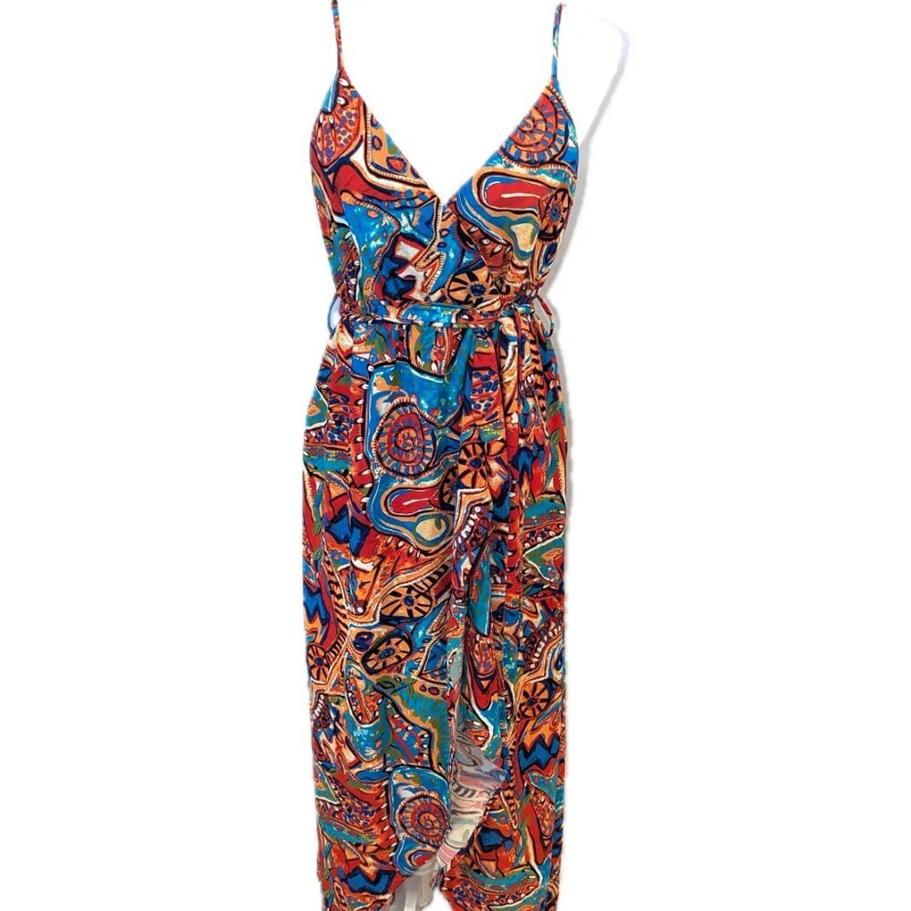 NWT Cupshe | Abstract Rhythm Multicolor Maxi Dress Orange & Blue | Size Large - Picture 3 of 14